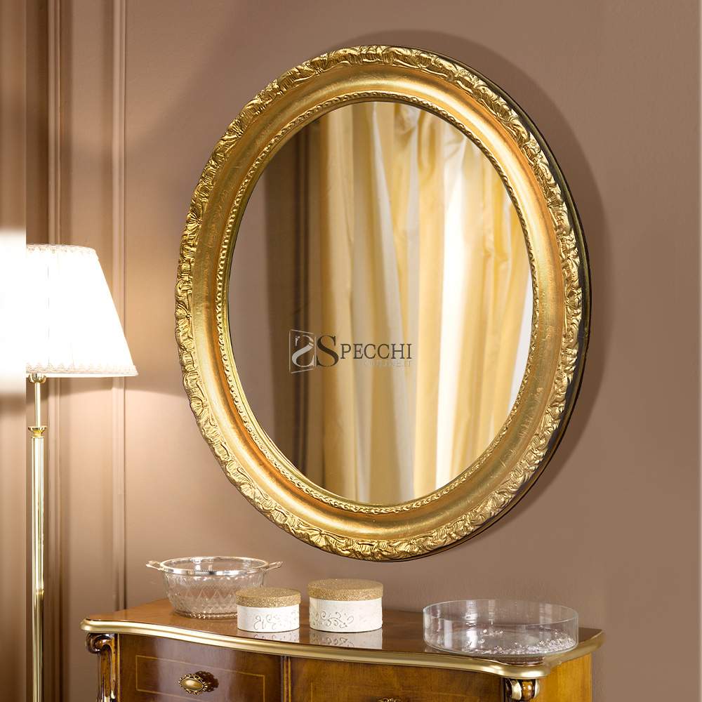 Specchio Ovale con Cornice in Legno Decorata Foglia Oro